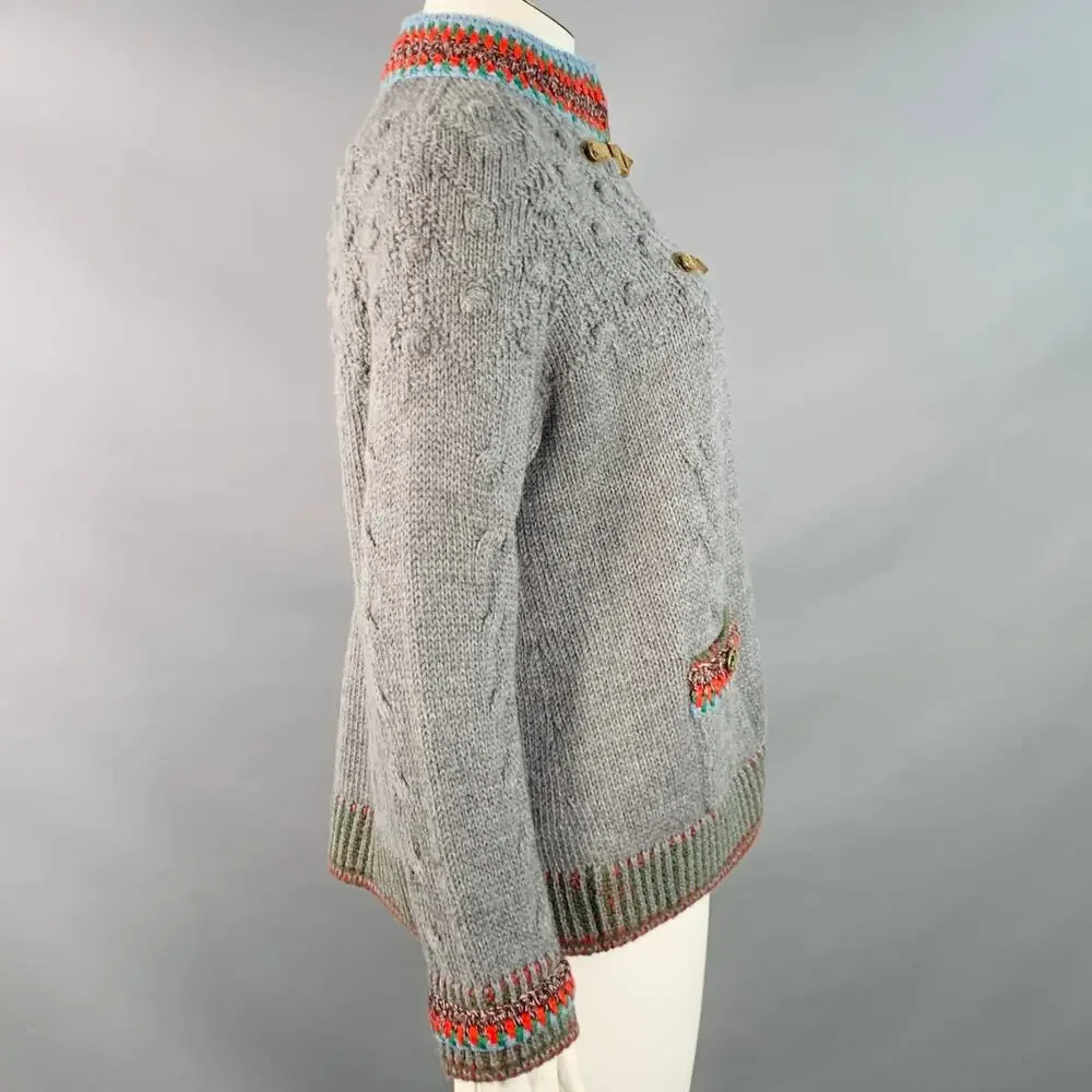 CHANEL Grey Multi Color Wool Cable Knit Bobble Leather Trim Jacket